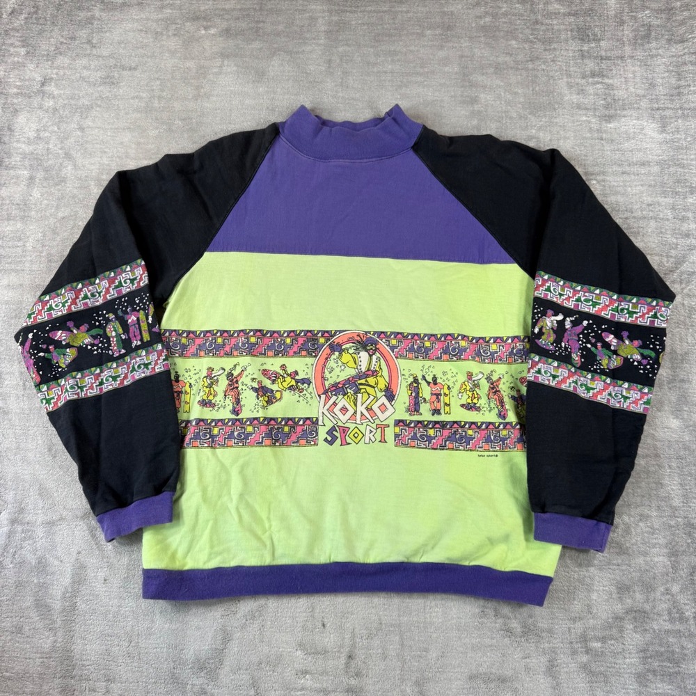 Koko Sport Sweatshirt Mens Medium Green Vintage 80s 90s Neon Snowboarding